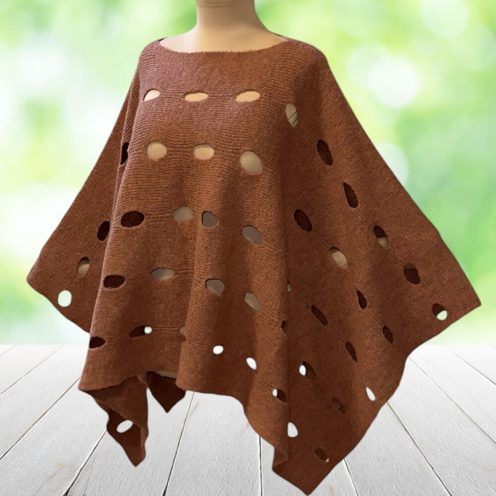 KERISMA Sweater Knit Poncho Lagenlook Open Knit Cutout Oversized Terra Cotta OS